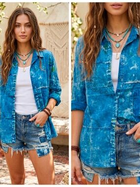 Washed Blue Button-Up Shirt Jacket - Women's